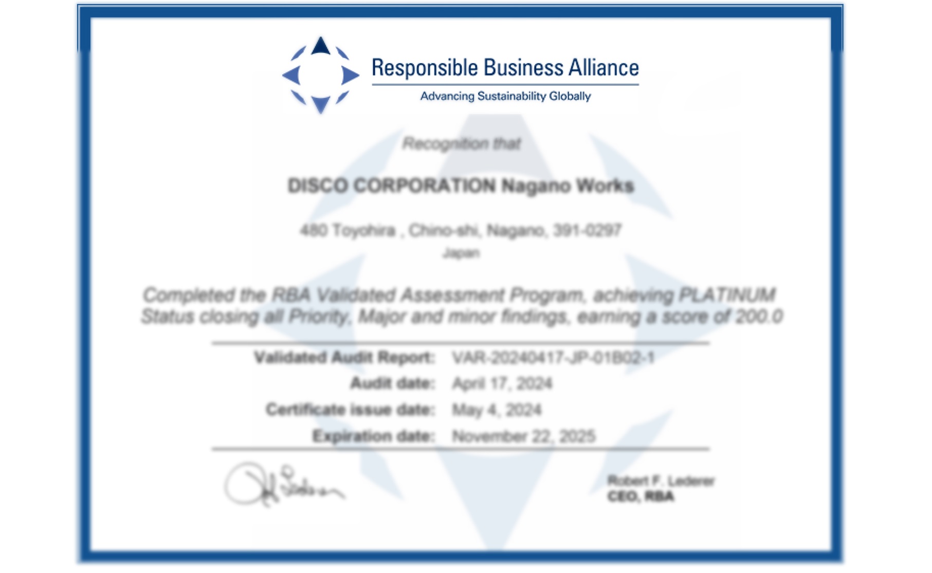 Earned Platinum Status in the RBA VAP Audit